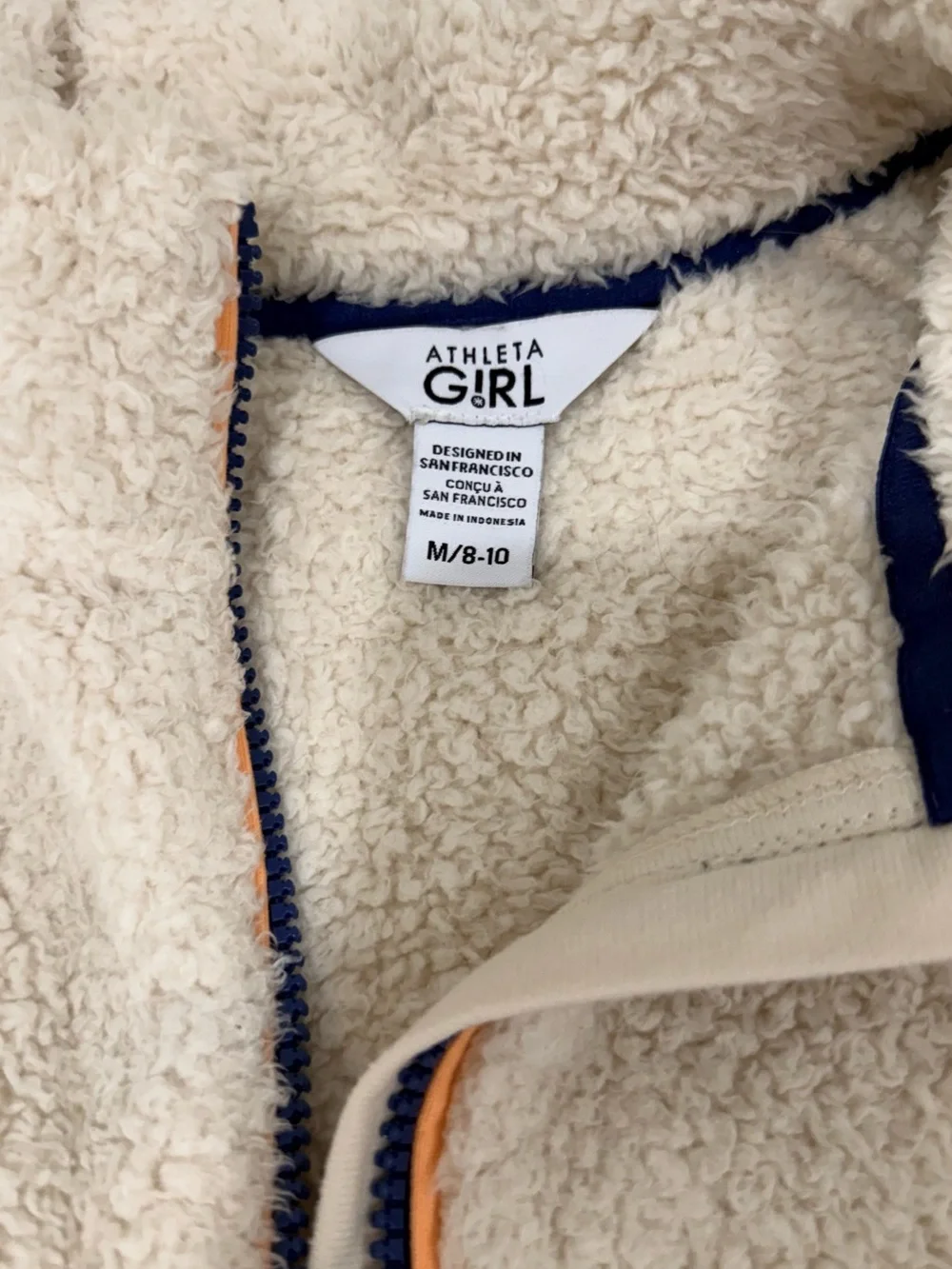 Athleta Girl Cream Sherpa Half-Zip with Navy and coral Trim size 8-10